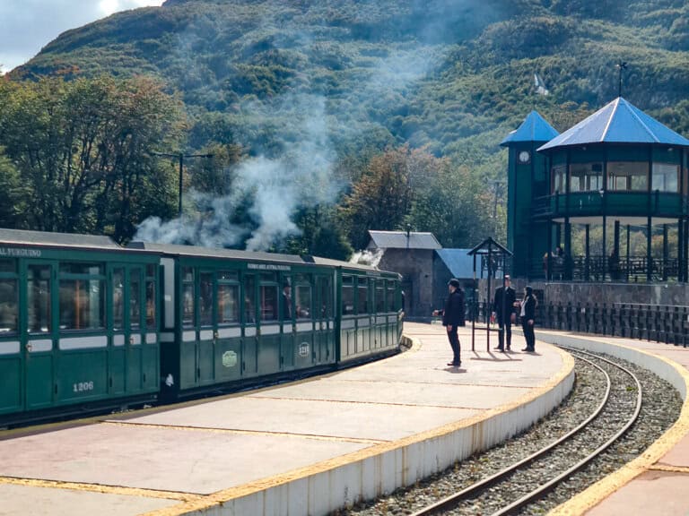 The End of the World Train at Ushuaia station, a historic steam train journey through Tierra del Fuego National Park in Argentina.