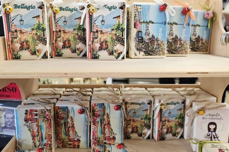 Artesanal soaps wrapped in paper with colorful Bellagio pictures. They make a practical gift from Bellagio, Lake Como and Italy