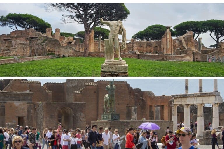 Comparison of ancient ruins in Ostia Antica and Pompeii, showcasing Roman statues, ruins, and vibrant history