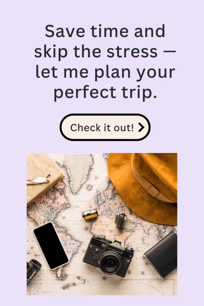 Flat lay of travel essentials on a world map, featuring a camera, hat, notebook, and smartphone, representing stress-free custom travel itinerary planning services and text "Save time and skip the stres - let me plan your perfect trip."