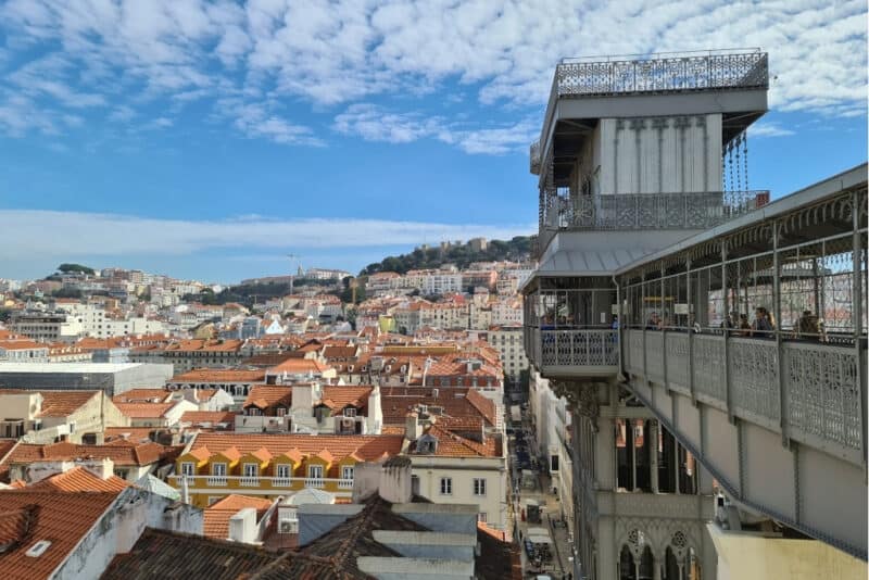 Breathtaking panoramic view of Lisbon’s cityscape from the Santa Justa Lift, a top viewpoint on a Lisbon walking itinerary.