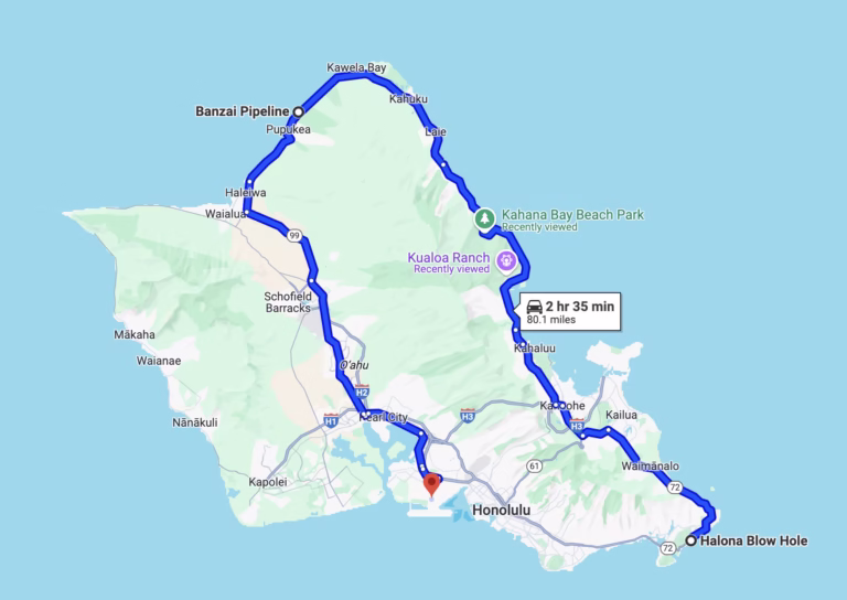 A map of Oahu with highlighted route