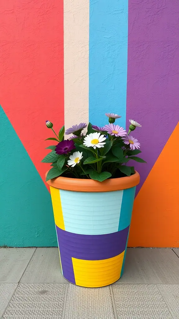 A colorful flower pot with mixed geometric patterns in front of a vibrant, multi-colored wall.