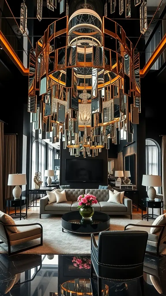 A luxurious living room featuring cascading mirrors above a stylish seating area.