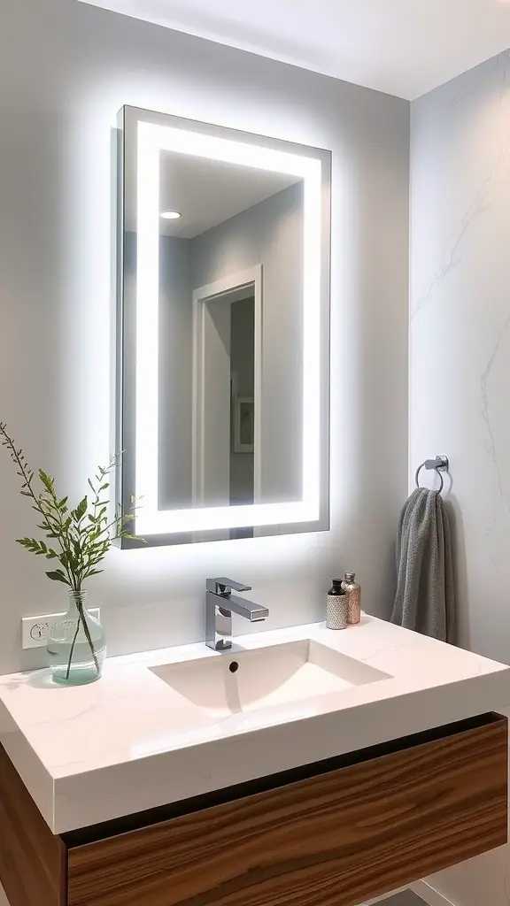 Modern bathroom with a stylish illuminated mirror and minimalist decor.