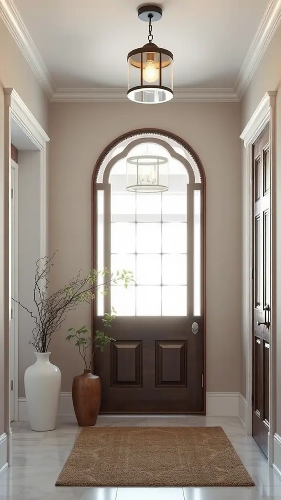 Bright and inviting entryway with a stylish light fixture, wooden door, and decorative plants.