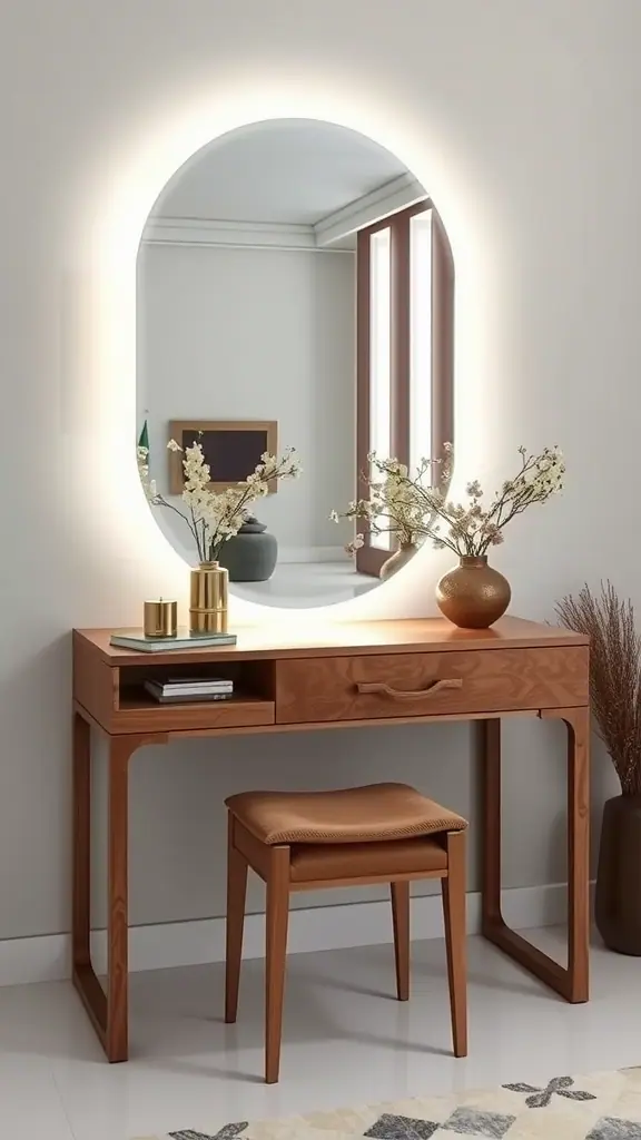 A stylish wooden desk with a round illuminated mirror and decorative items on top.