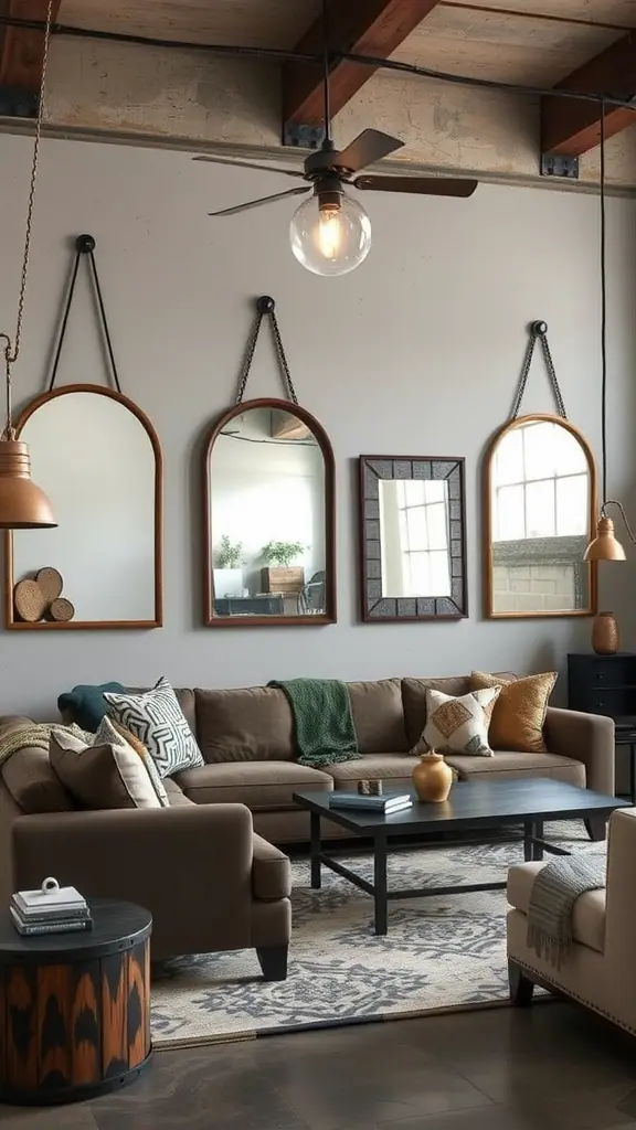 A cozy living room with industrial style mirrors on the wall and a modern design.