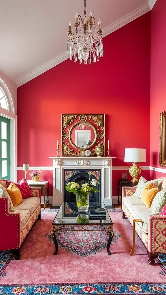 A stylish living room featuring a vibrant red wall, mirrored accents, and elegant furniture.