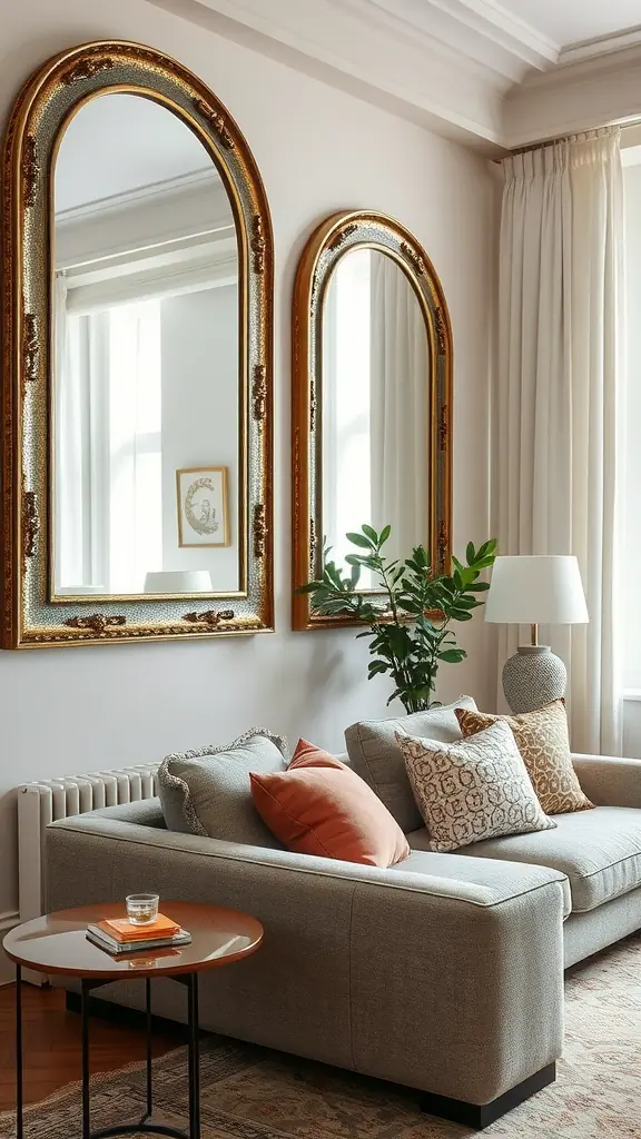 Elegant living room featuring mirrors with textured frames above a cozy sofa