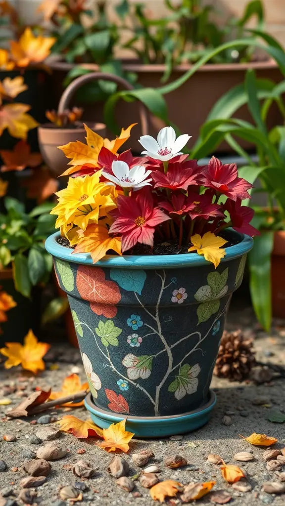 A vibrant flower pot with red and yellow leaves and flowers, surrounded by autumn foliage.