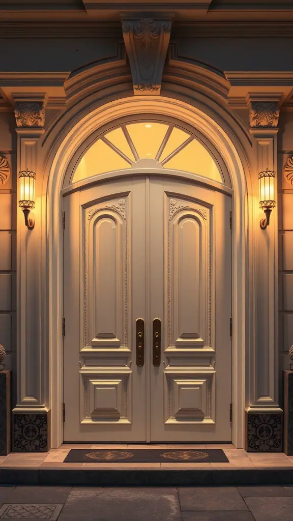 A pair of elegant double doors with intricate designs and warm lighting.
