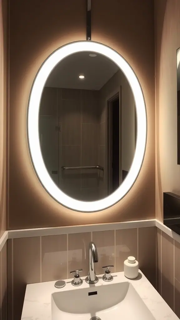 Stylish bathroom mirror with built-in lighting above a sink.