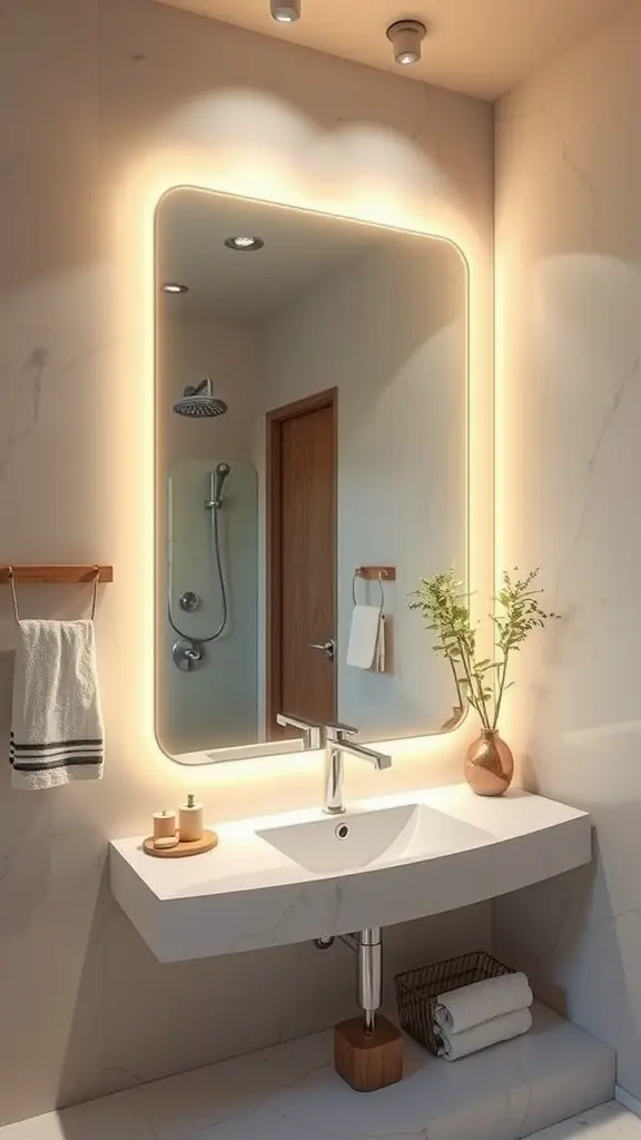 A modern bathroom with a stylish sink, mirror, and plants, showcasing eco-friendly design.