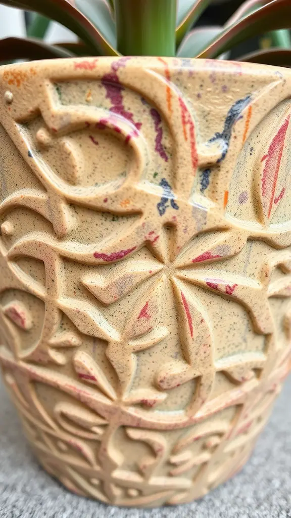 Close-up of a textured pot with floral patterns and colorful splashes