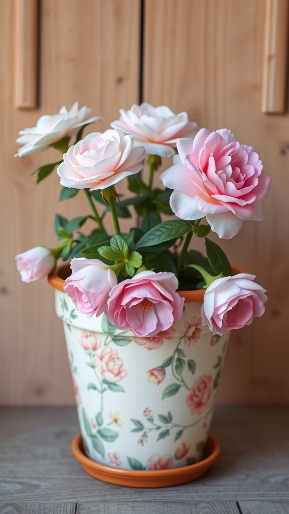 A pot of pink roses with a vintage floral design on the pot