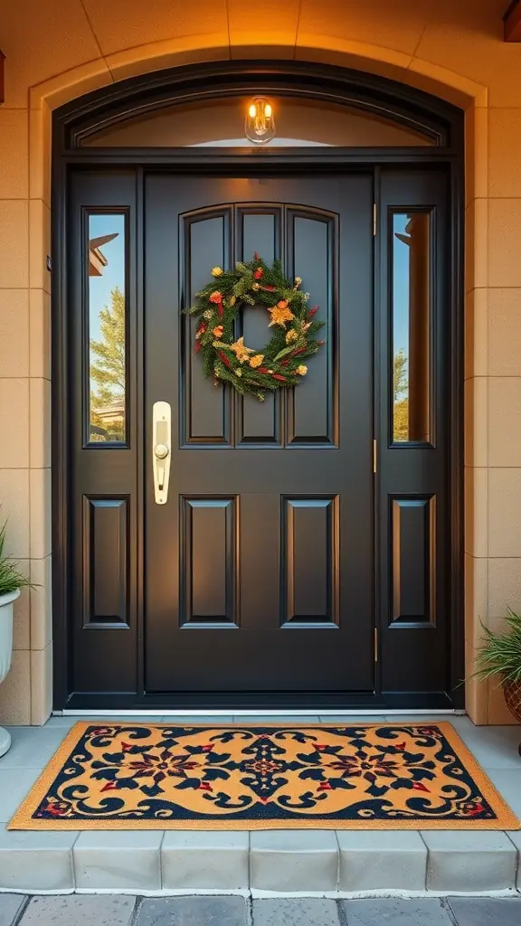 A front door with a decorative wreath and a patterned welcome mat.