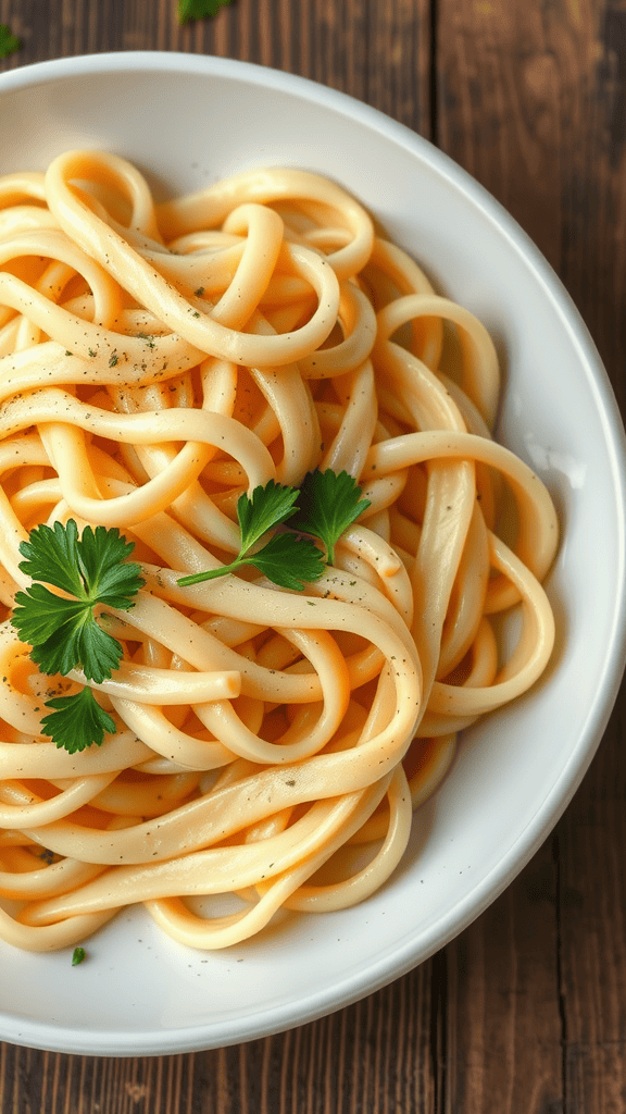 A bowl of creamy Fettuccine Alfredo topped with parsley on a wooden table