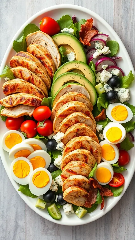 A beautifully arranged Cobb salad with chicken, avocado, eggs, and vegetables.