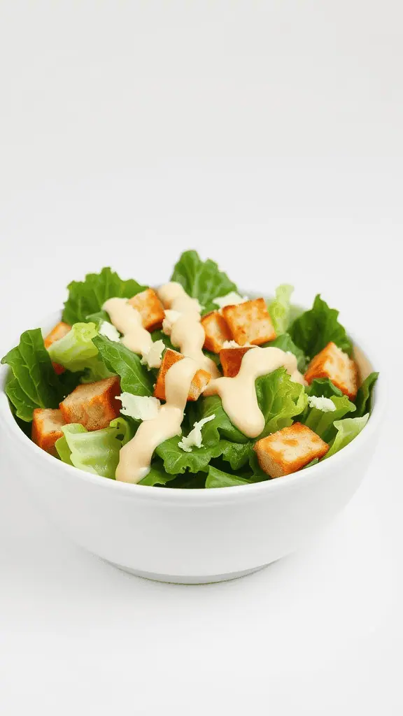 A fresh Caesar salad with romaine lettuce, croutons, and creamy dressing in a white bowl.