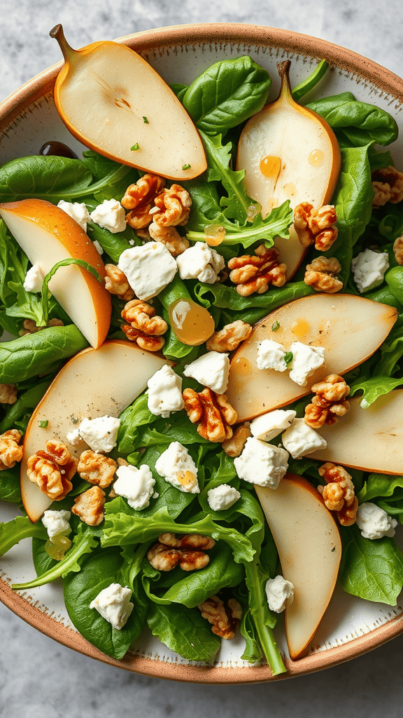 A vibrant salad featuring arugula, sliced pears, walnuts, and goat cheese, drizzled with a light dressing.