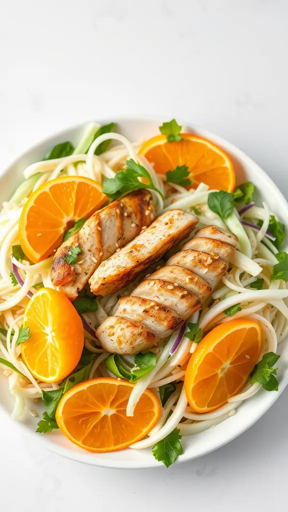 A colorful Asian sesame chicken salad with grilled chicken and orange slices.
