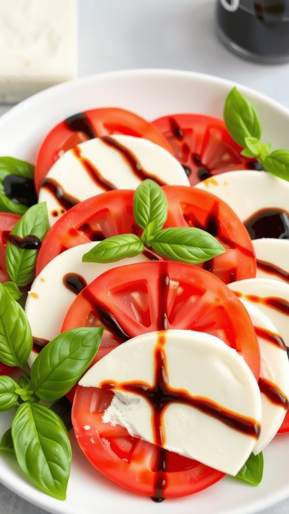 A vibrant Caprese salad with fresh tomatoes, mozzarella, and basil drizzled with balsamic glaze.
