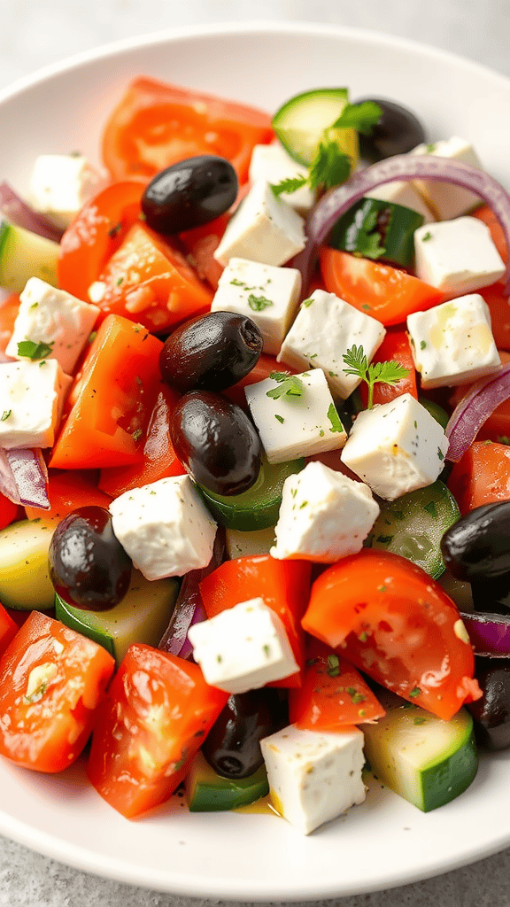 A vibrant Greek salad featuring tomatoes, cucumbers, olives, red onions, and feta cheese.