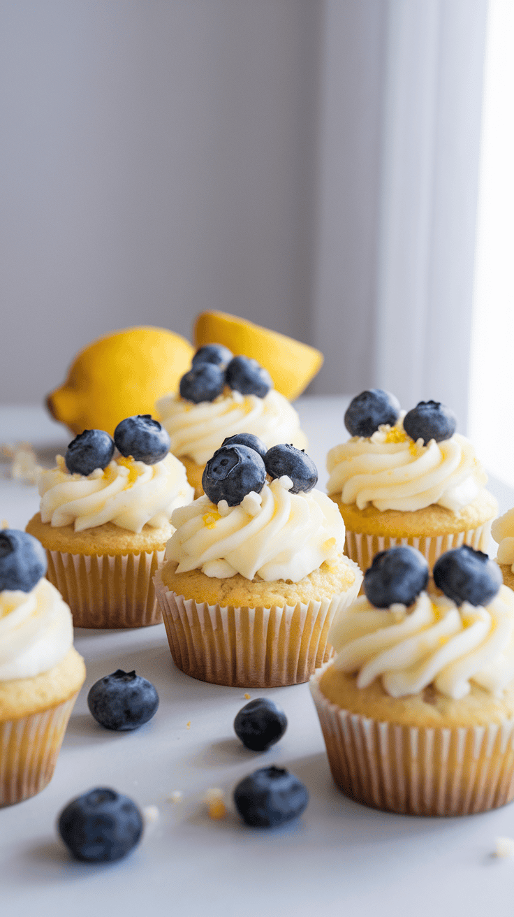 Delicious lemon blueberry cupcakes topped with blueberries and lemon zest.
