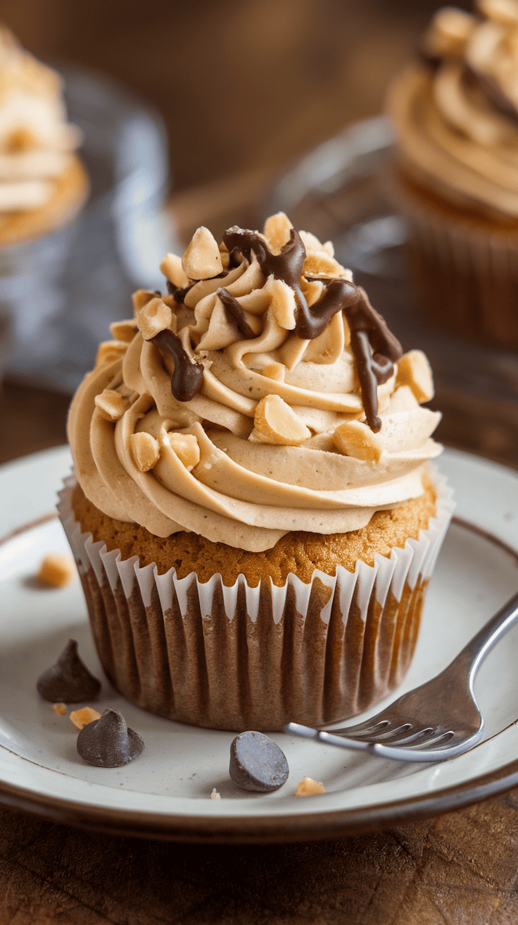 Peanut Butter Cupcake topped with peanuts and chocolate drizzle