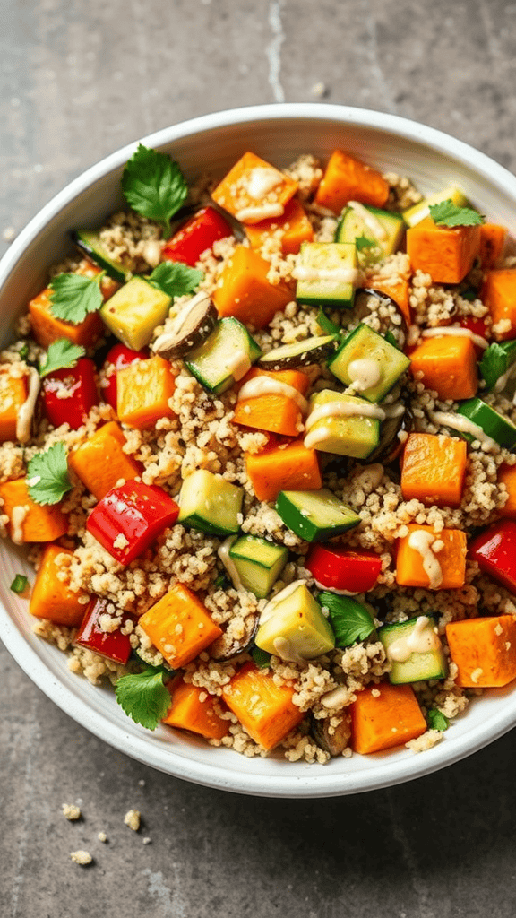 A colorful quinoa salad with roasted vegetables