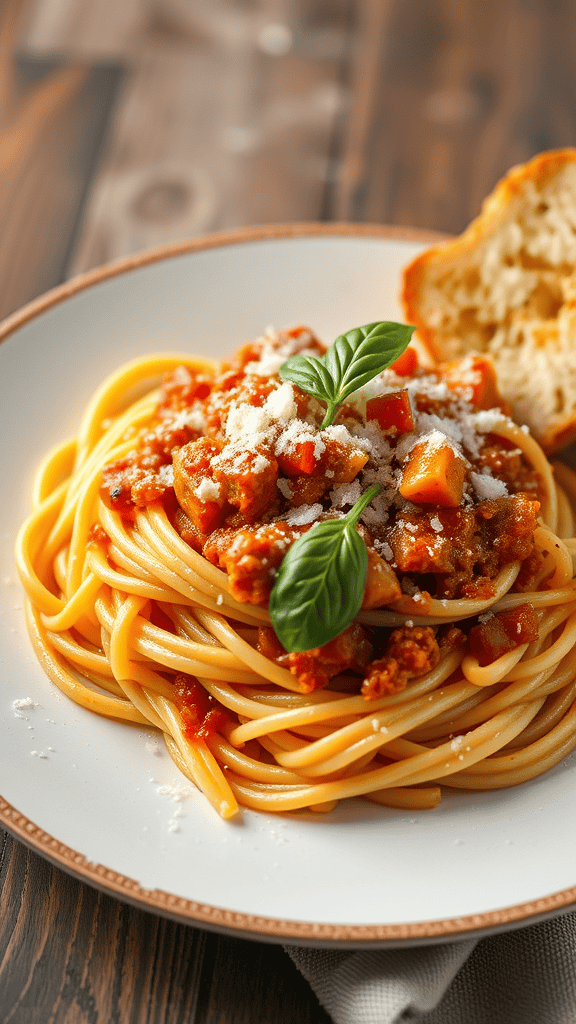A plate of spaghetti Bolognese topped with basil and cheese