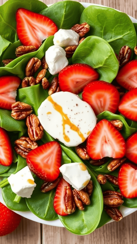A colorful spinach strawberry salad with pecans and cheese.