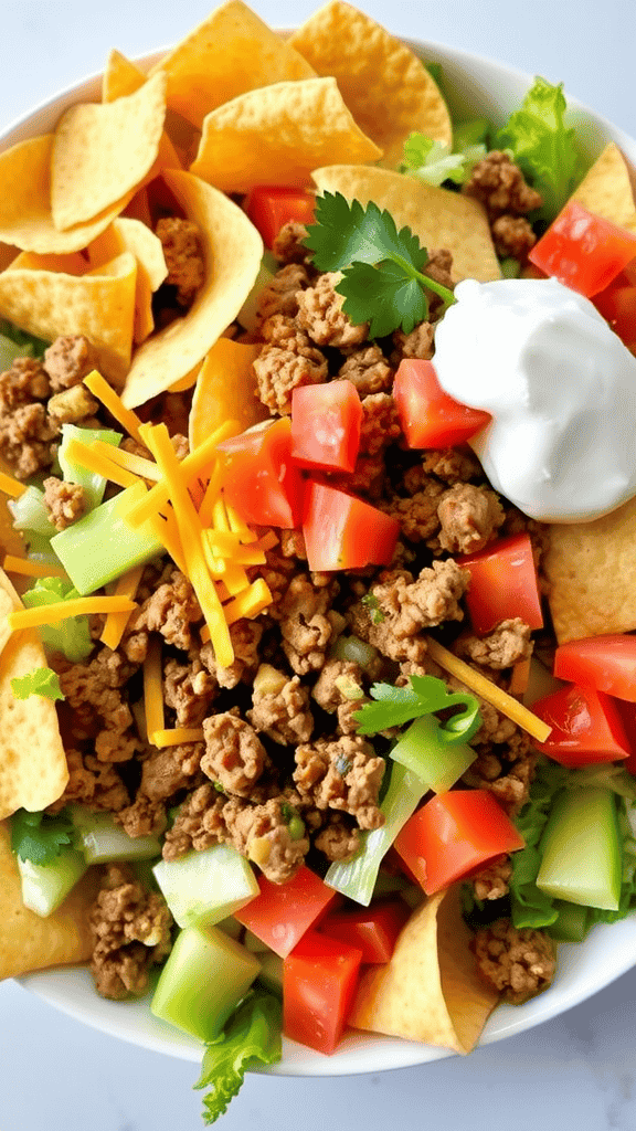 A vibrant taco salad with tortilla chips, diced tomatoes, green onions, and ground meat.