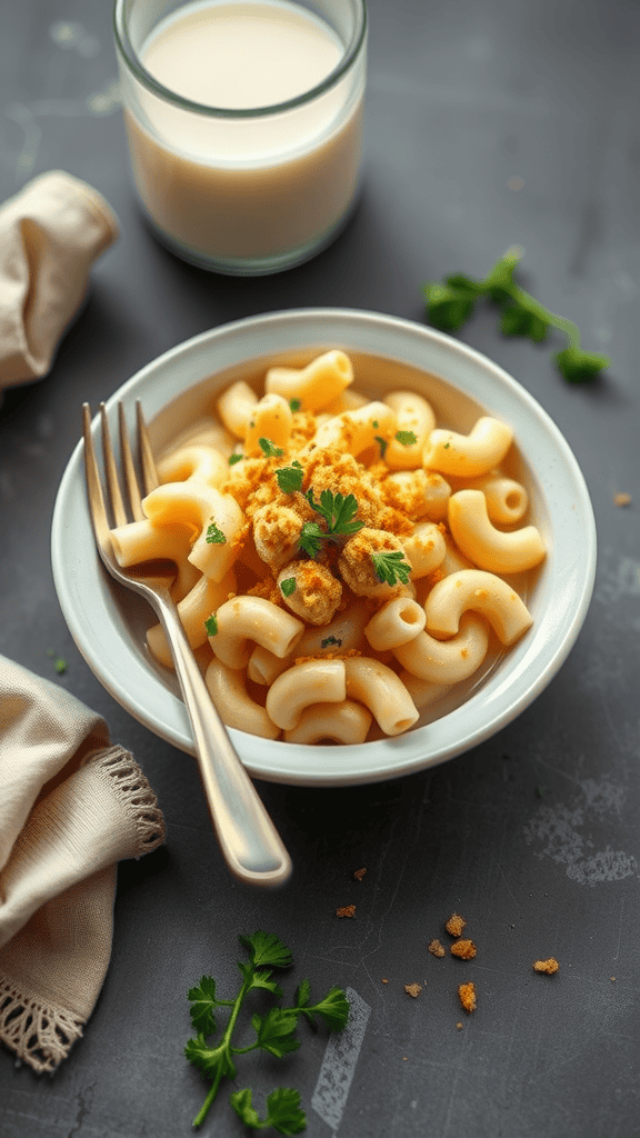 A bowl of creamy macaroni and cheese topped with parsley and breadcrumbs, with a glass of milk in the background.