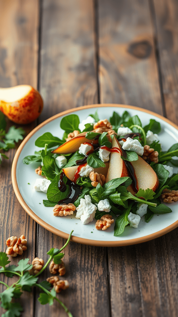 A fresh salad with arugula, roasted pears, walnuts, and goat cheese on a wooden table.