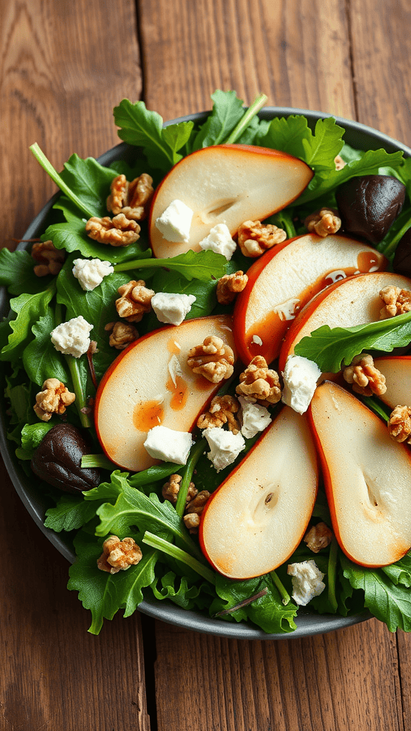Fresh arugula with sliced pears, Gorgonzola cheese, and walnuts in a bowl