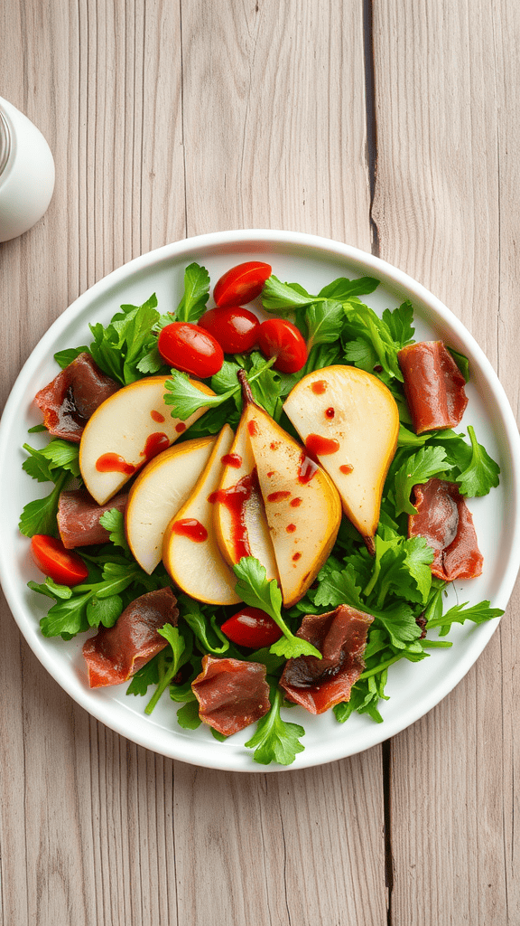 A fresh salad featuring arugula, pear slices, prosciutto, and cherry tomatoes on a white plate.