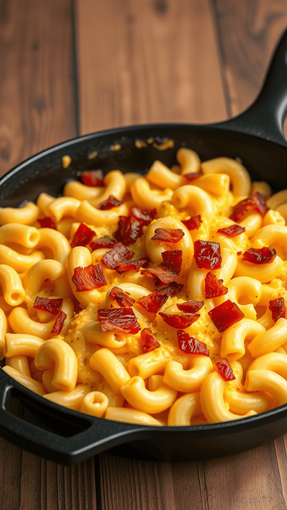 A delicious serving of baked mac and cheese topped with crispy bacon.
