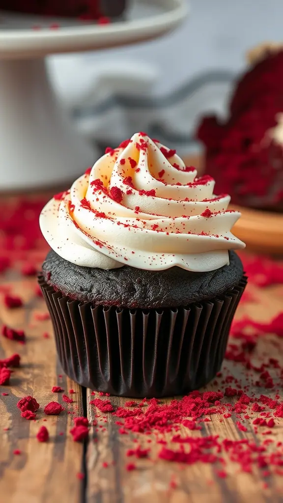 A black velvet cupcake with cream cheese frosting and red velvet crumbs on top