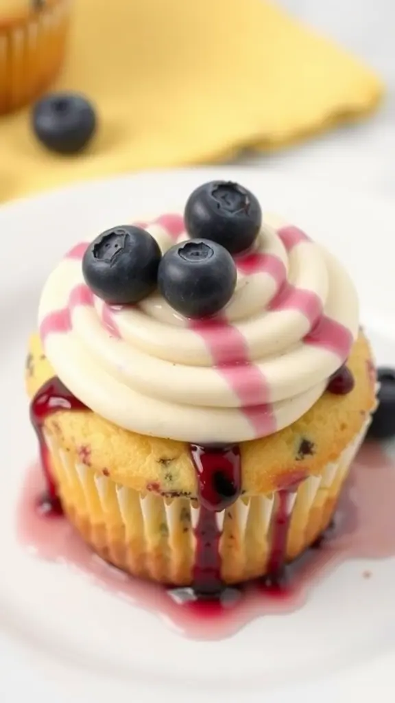 Blueberry cheesecake topping on a lemon blueberry cupcake.