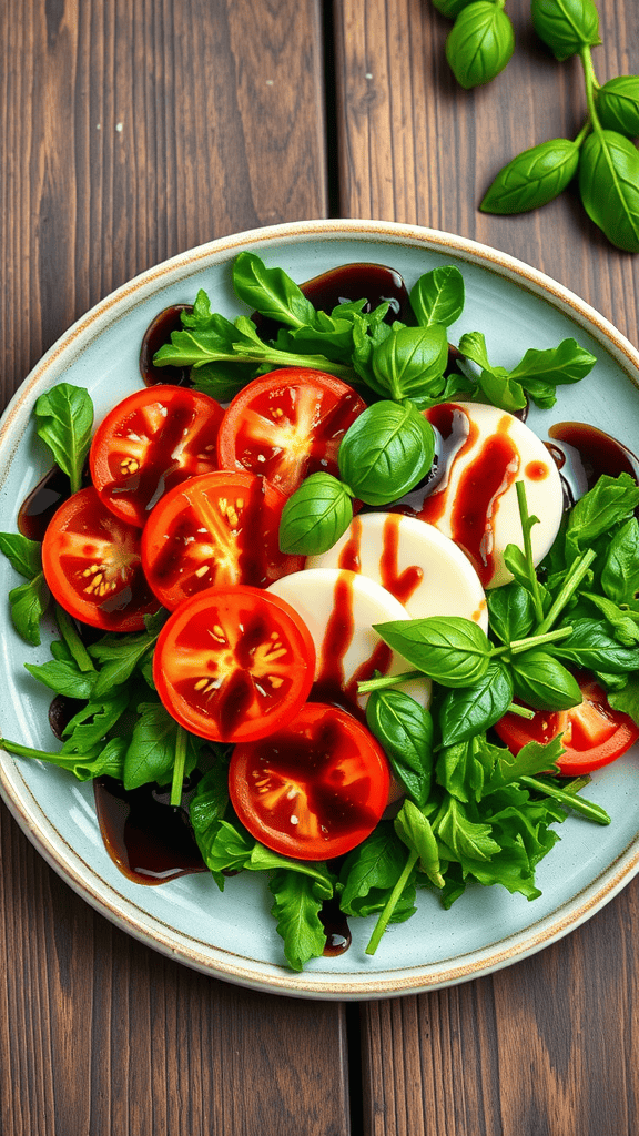 A vibrant Caprese salad featuring slices of tomato, fresh mozzarella, arugula, and basil, drizzled with balsamic reduction.