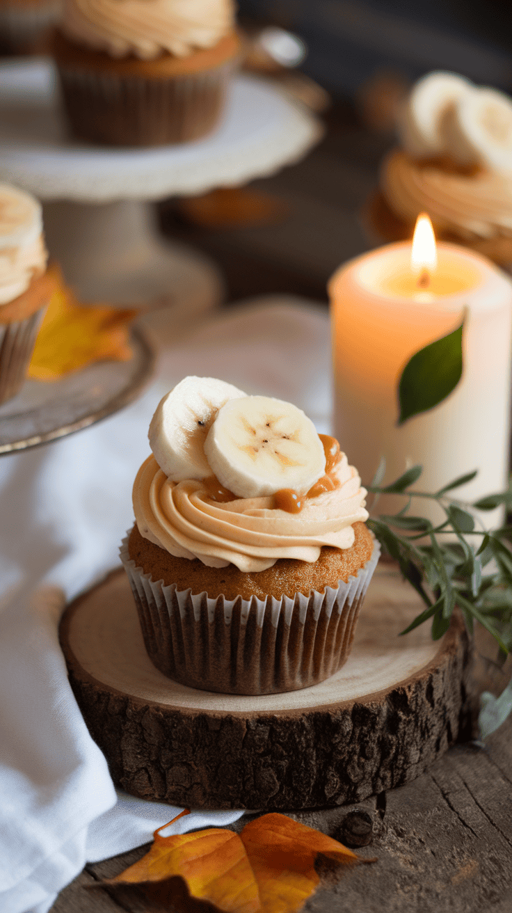 Caramel banana cupcakes topped with banana slices and caramel drizzle