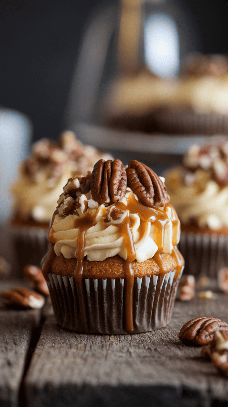 Delicious caramel pecan crunch cupcakes with caramel drizzle and pecans on top.