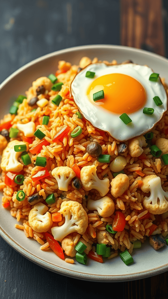 A plate of cauliflower fried rice topped with a fried egg and garnished with green onions