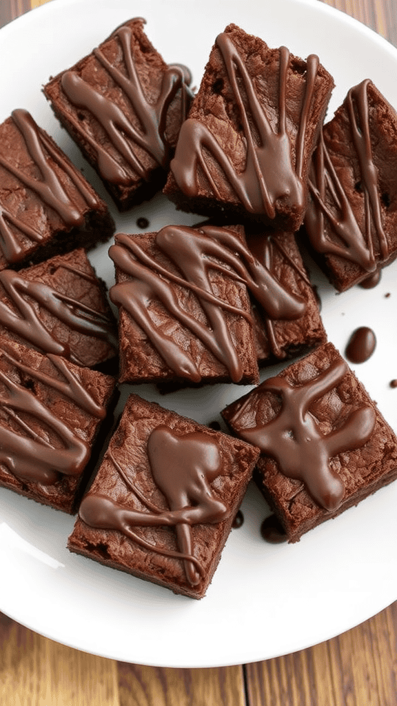 Chewy fudgy brownies drizzled with chocolate on a white plate.