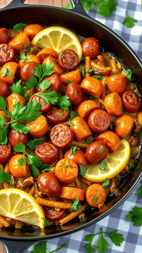 A hearty chicken and chorizo paella with vibrant colors and garnished with parsley.