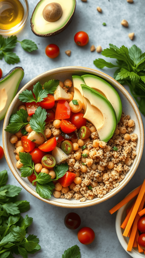 A colorful bowl of chickpea and quinoa salad with fresh vegetables and avocado.