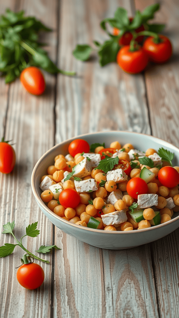 A delicious bowl of chickpea and tuna salad with cherry tomatoes and cucumbers.