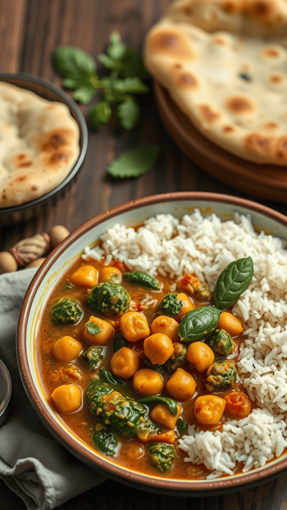 A bowl of chickpea and spinach curry served with rice and naan.